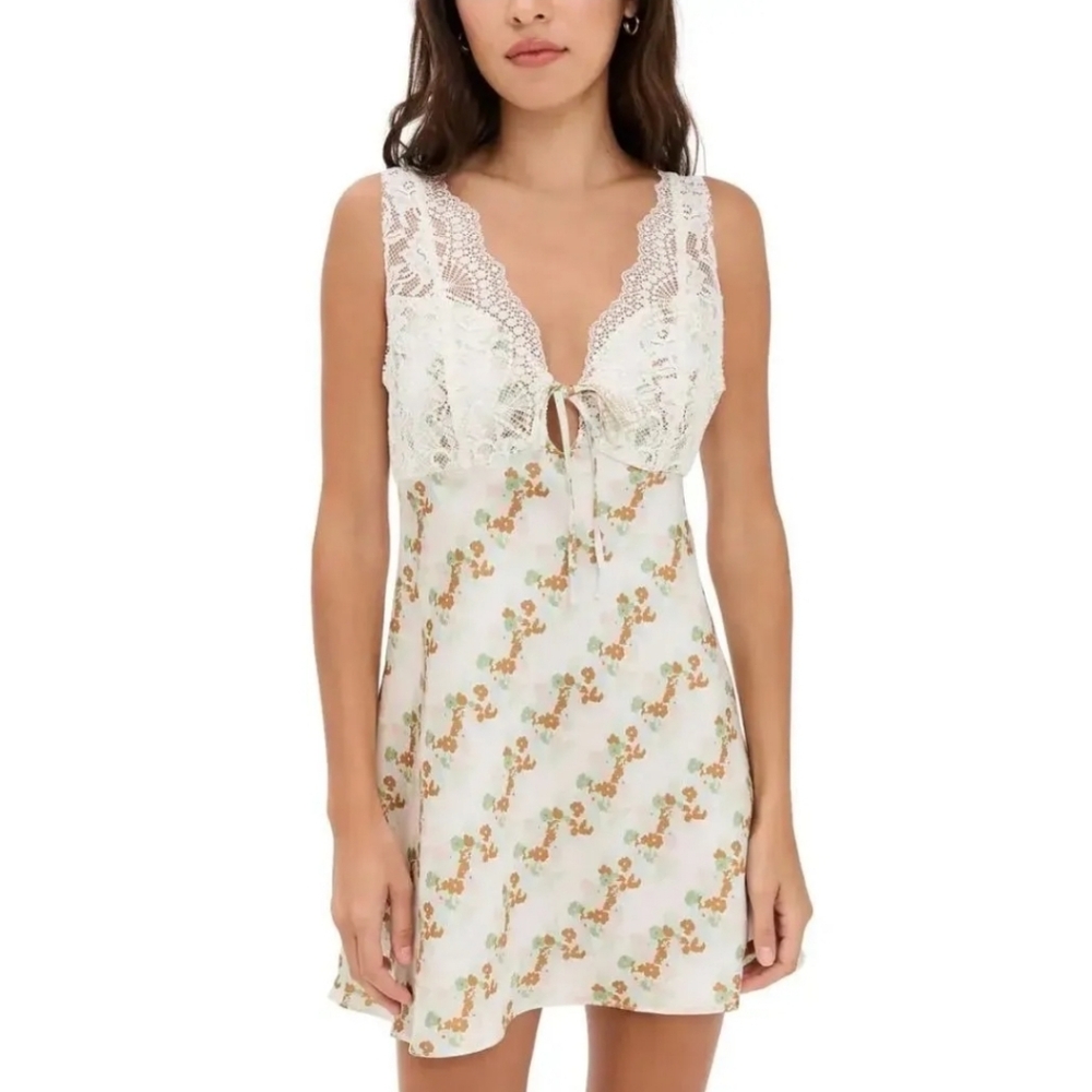 Free People Cream Floral Lace-Trim Satin Chemise